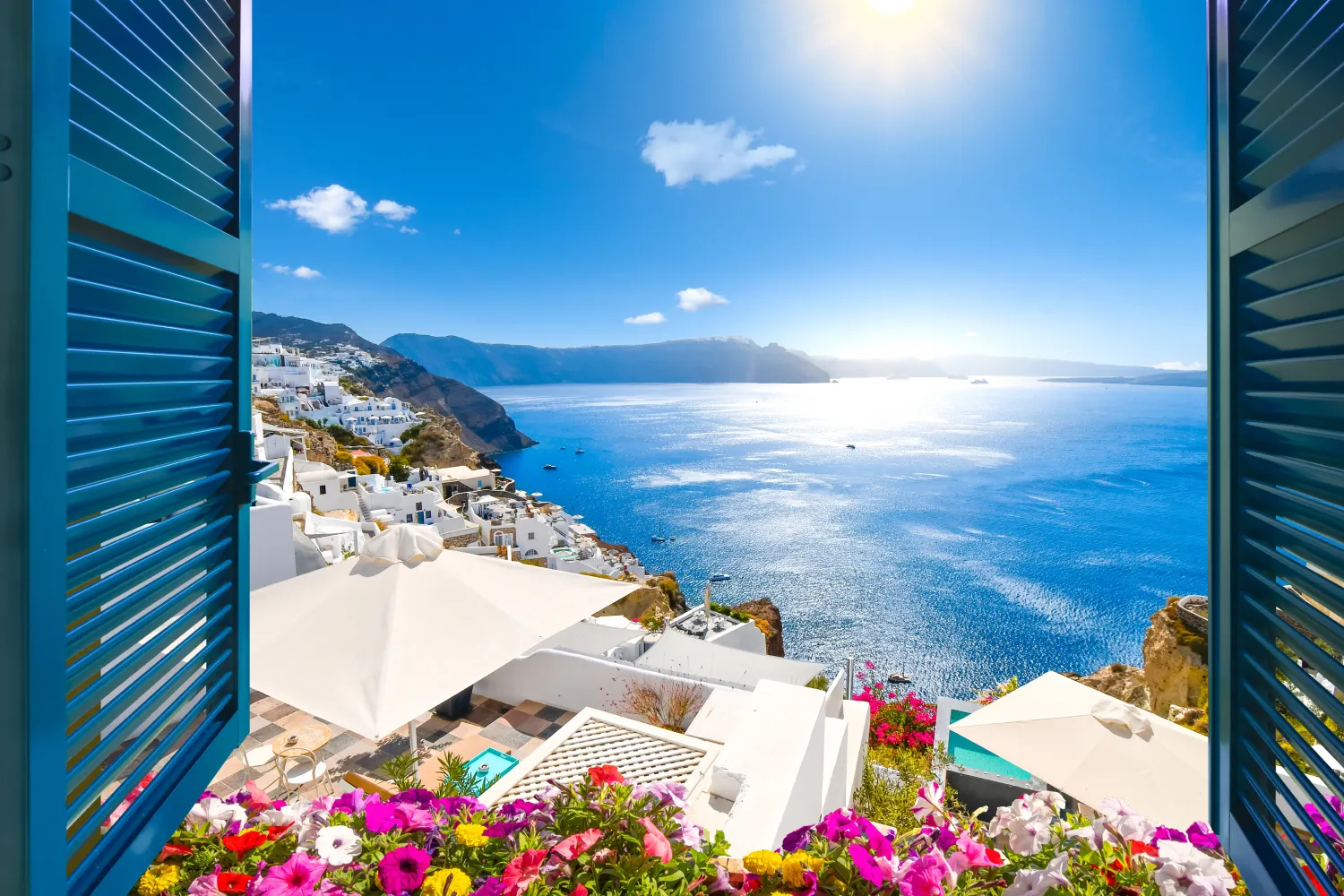 Greece View From An Open Window With Blue Shutters Of The Aegean Sea, Caldera, Coastline And Whitewashed Town Of Oia, Santorini, Greece image